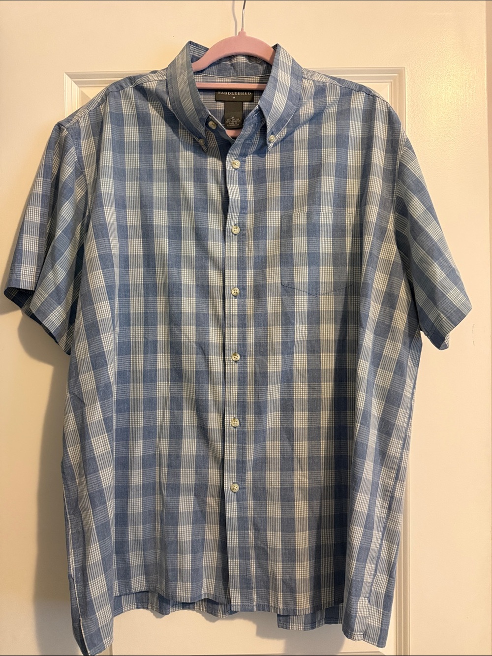 Saddlebred Blue and White Plaid Short-Sleeve Button-Down Shirt